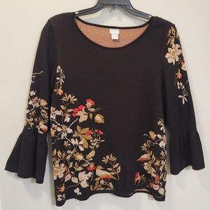 Chico's Women's Floral Sweater Flounce Sleeve Size L Boho Chic Romantic Feminine